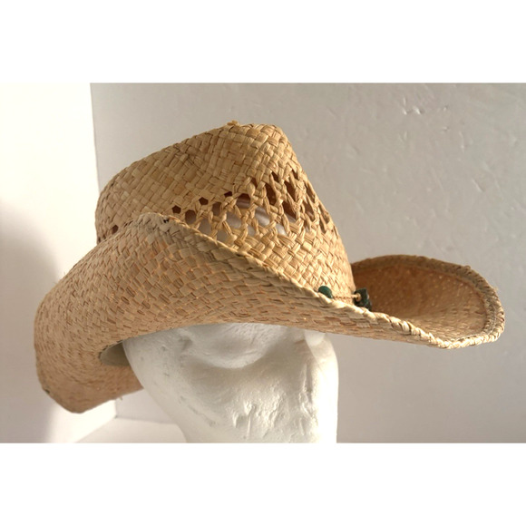 Scala Studio Head/Wear Cowboy Style Sun Straw Turquoise Beads Fiber Raffia 1 Sz - Picture 1 of 14